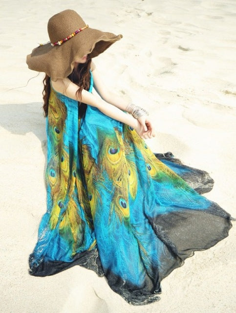 blue dress for baby girl Women Plus Size Sleeveless Chiffon Maxi Dress Peacock Feather Print Sa –  glorystores