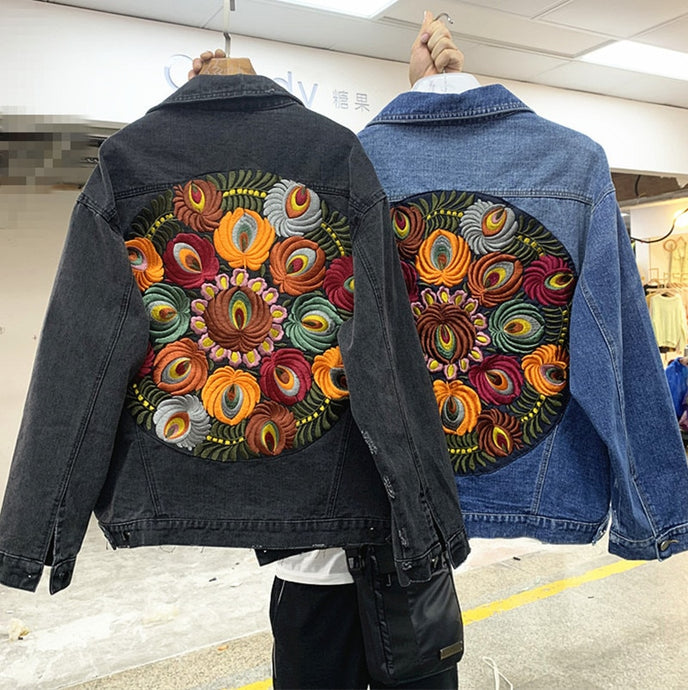 Women's2019 autumn new washed heavy embroidery loose denim