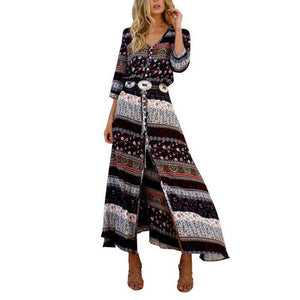 Bohemian Printing Long Dress Women V Neck Summer Dress Sexy Vestidos Clothing