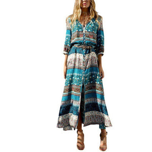 Bohemian Printing Long Dress Women V Neck Summer Dress Sexy Vestidos Clothing