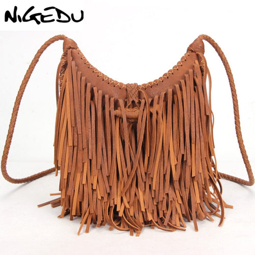 NIGEDU Beach Bohemian Tassel Women's Crossbody Bags Vintage manual Weave handbag bolsa franja Quality PU leather messenger bags