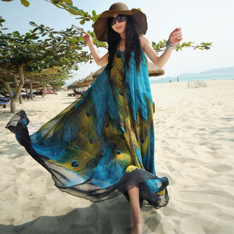 Women Plus Size Sleeveless Chiffon Maxi Dress Peacock Feather Print Sa glorystores Women Plus Size Sleeveless Chiffon Maxi Dress Peacock Feather Print Sa glorystores
