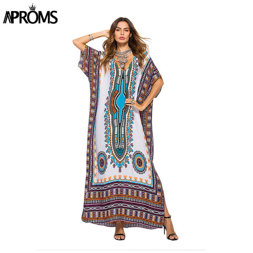 Aproms African Kaftan Dresses for Women Summer Ethnic Dashiki Dress Robe Traditional African Clothing Long Maxi Tunic Dress