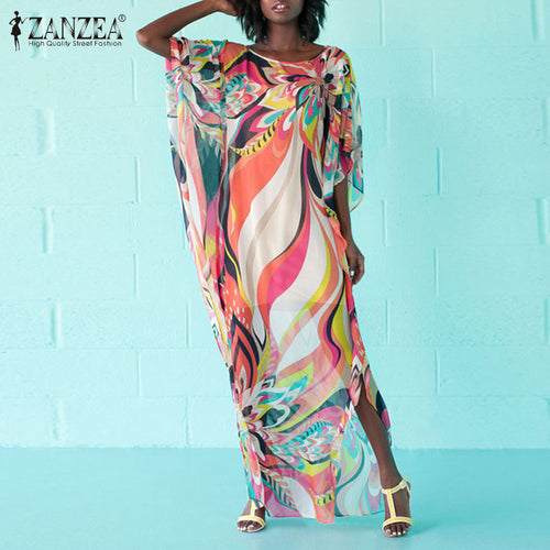 ZANZEA Summer Chiffon Print Bohemian Long Maxi Dress Boho Clothing 2018 Fashion Sexy Sundress Beach Sarongs Oversized Robes