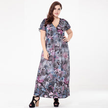 New Women Plus Size Bohemian Long Dress V Neck Short Sleeve Butterfly Casual Beach Maxi Dress Blue/Grey/Red
