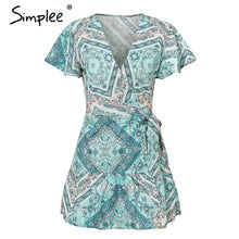 Simplee Bohemian print summer dress women Ruffled short sleeve sashes mini dress Wrap v-neck sexy ladies dresses vestidos 2019